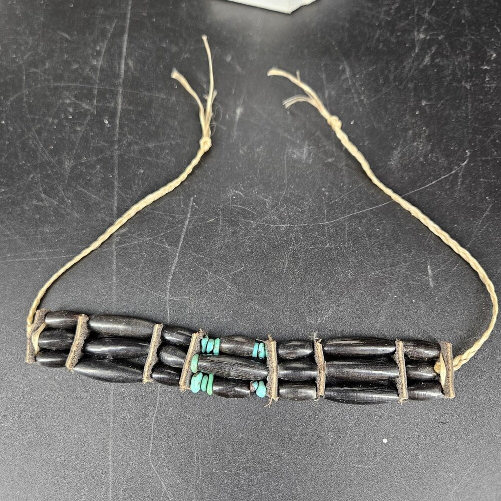Turquoise Beaded Choker Necklace Womens Black Southwestern Leather Cord Boho - Picture 4 of 11